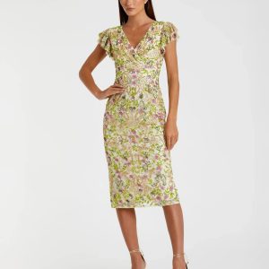Beige Floral Embellished Flutter Cap Sleeve Dress