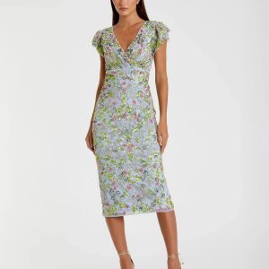 Blue Floral Sequin Embellished Flutter Cap Sleeve Dress