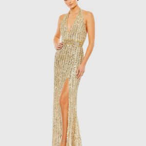 Sequined Halter Strap Trumpet Gown