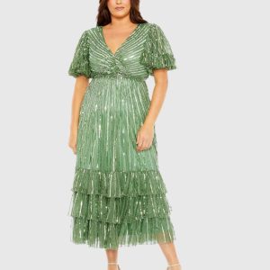 Green Sequin Faux Wrap Flutter Sleeve Ruffle Dress (Plus)