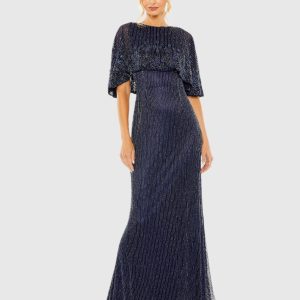 Navy High Neck Column Gown With Embellished Cape
