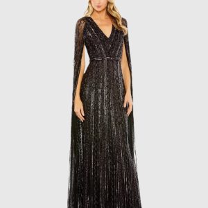 Black Sequined V-Neck Gown with Cape Sleeves