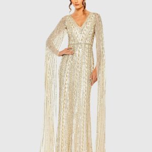 Beige and Silver Sequined V-Neck Gown with Cape Sleeves