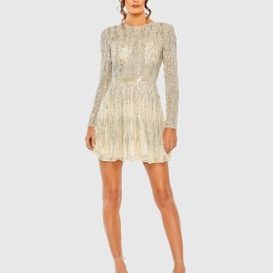 Ivory High Neck Long Sleeve A Line Mini Dress