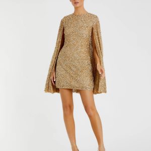 Gold Sequined Cape Sleeve Mini Dress