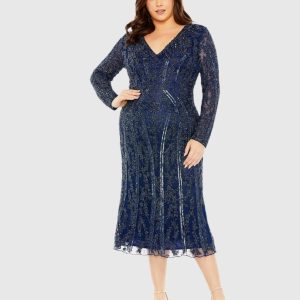 Navy Long Sleeve Embellished Dress (Plus) - FINAL SALE