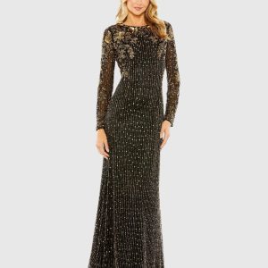Black High Neck Long Sleeve Embellished Gown