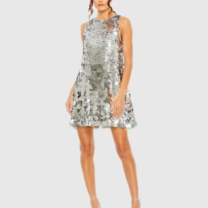 Silver Sleeveless Disc Sequin Trapeze Dress