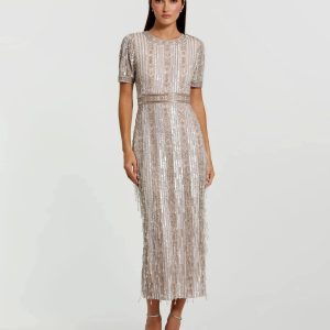 Pink High Neck Short Sleeve Crystal Fringe Sheath Dress