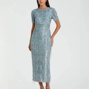 Blue High Neck Short Sleeve Crystal Fringe Sheath Dress