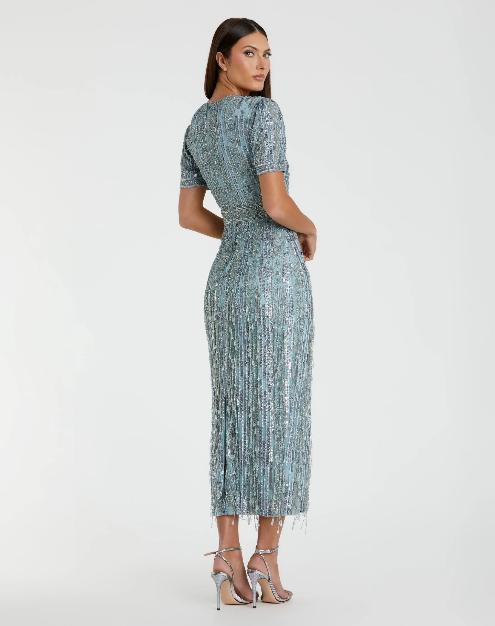 Blue High Neck Short Sleeve Crystal Fringe Sheath Dress - Image 3