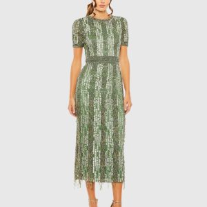Green High Neck Short Sleeve Crystal Fringe Sheath Dress