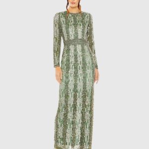 Green Long Sleeve Beaded Gown with Crystal Fringe