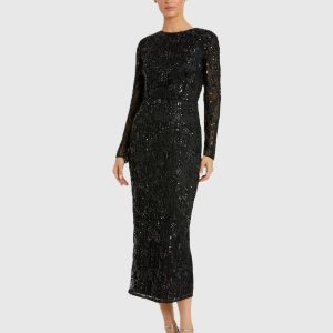 Black High Neck Long Sleeve Embellished Dress