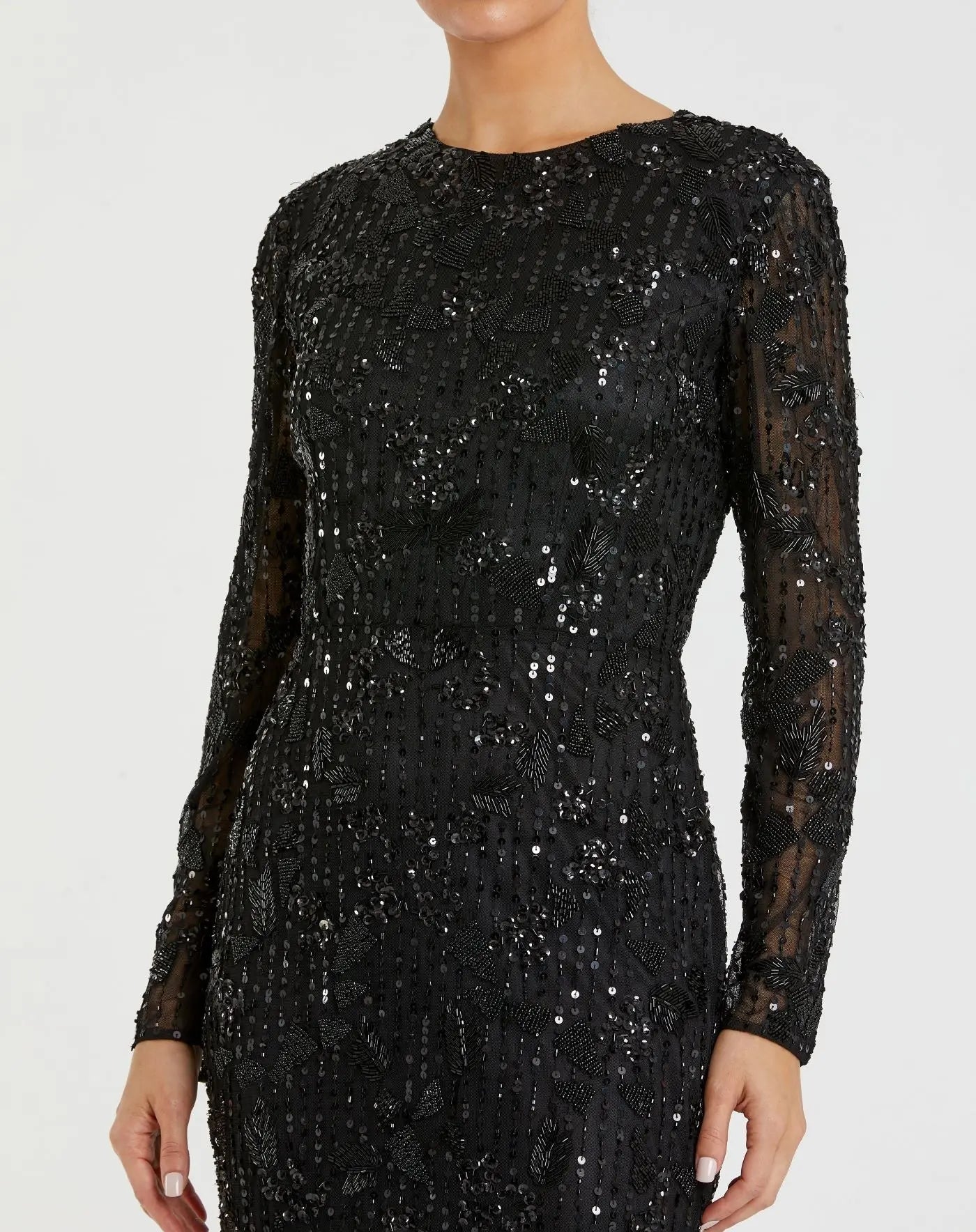 Black High Neck Long Sleeve Embellished Dress - Image 2