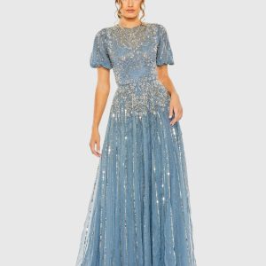 Blue High Neck Puff Sleeve Embellished A Line Gown