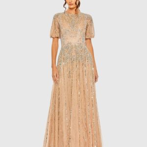 Beige High Neck Puff Sleeve Embellished A Line Gown
