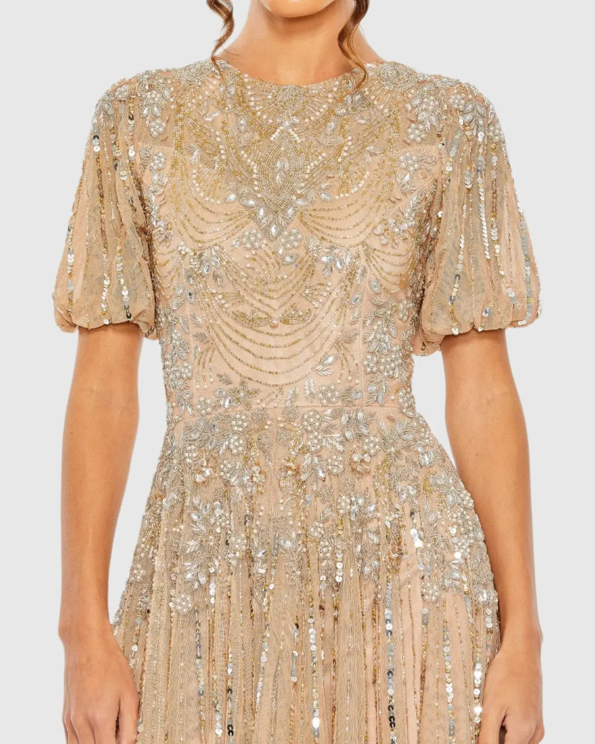 Beige High Neck Puff Sleeve Embellished A Line Gown - Image 2