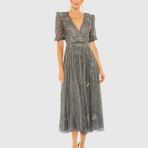 Puff Quarter Length Sleeve V-Neck Dress