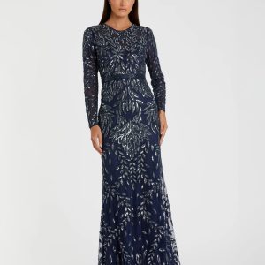 Navy Long Sleeve Illusion Neckline Embellished Gown