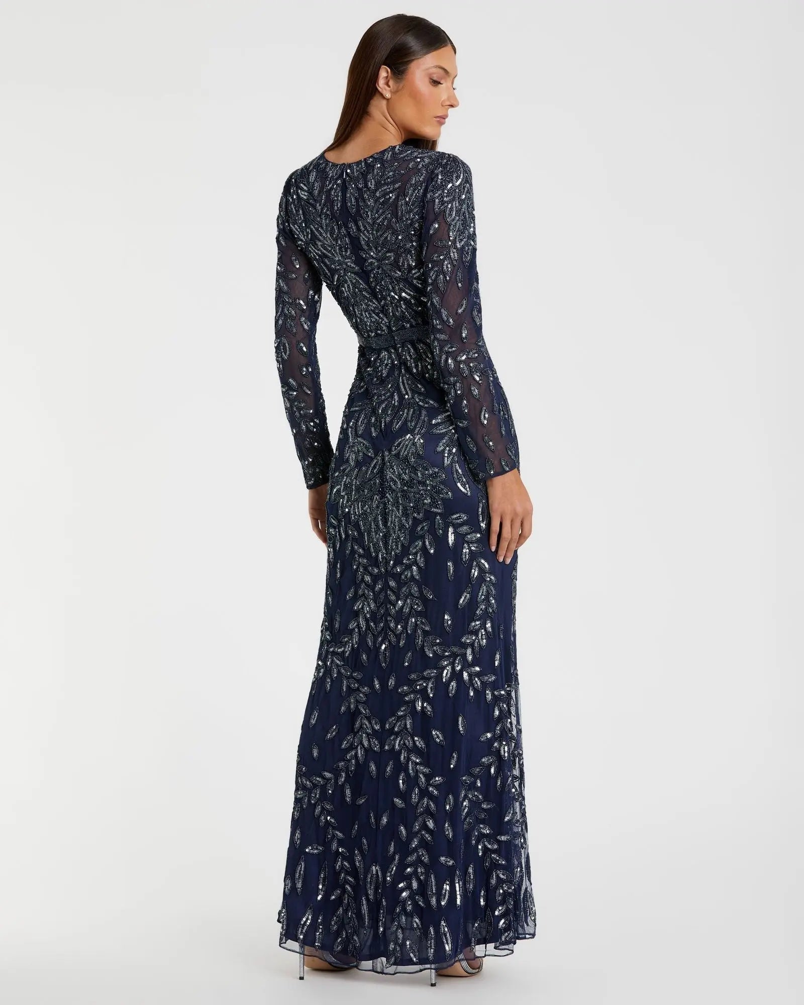 Navy Long Sleeve Illusion Neckline Embellished Gown - Image 3