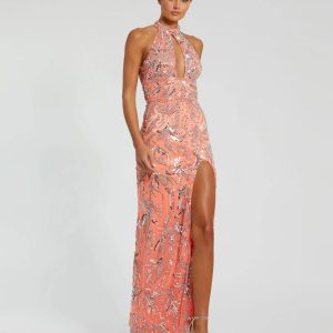Pink Embellished High Neck Gown with Slit