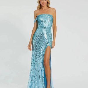 Blue One Shoulder Mesh Sequin Gown With Slit