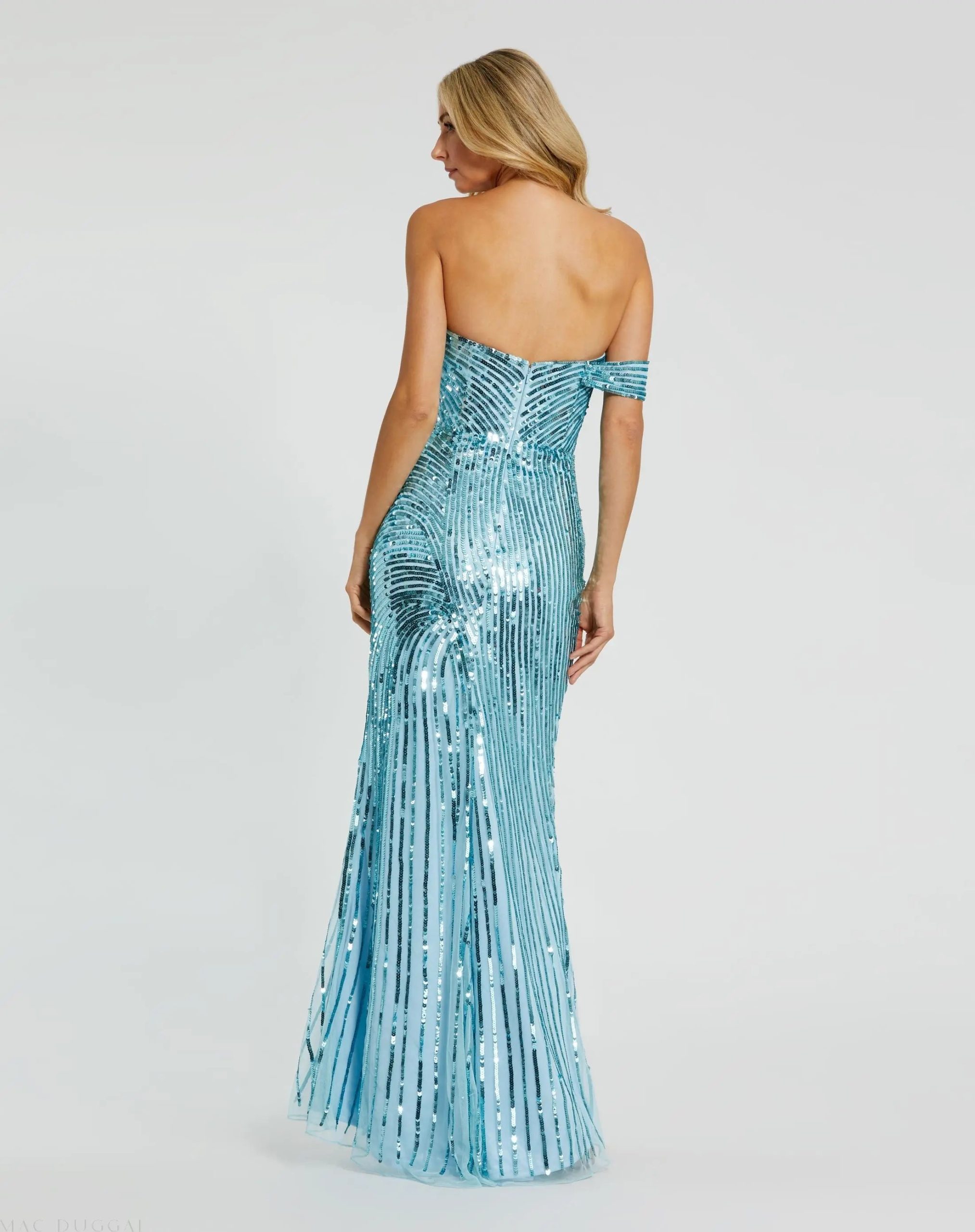 Blue One Shoulder Mesh Sequin Gown With Slit - Image 3