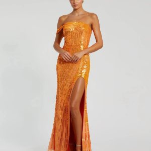 Orange One Shoulder Mesh Sequin Gown With Slit