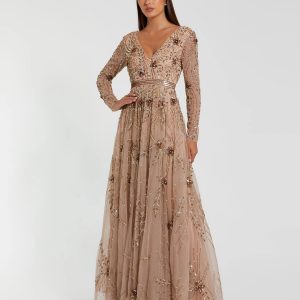 Beige Embellished Sheer Sleeve A-Line Gown