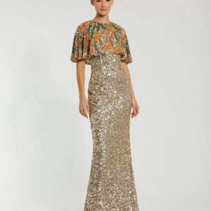 Gold Embellished Gown With Floral Beaded Shawl