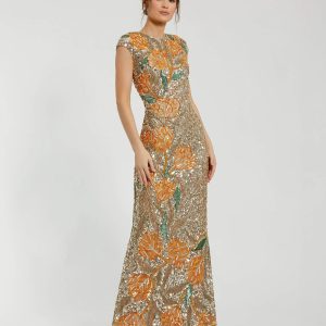 Gold Fitted Cap Sleeve Gown With Floral Beading