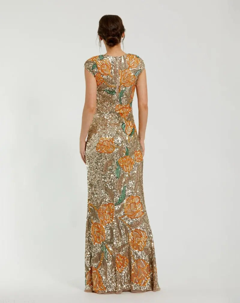 Gold Fitted Cap Sleeve Gown With Floral Beading - Image 3