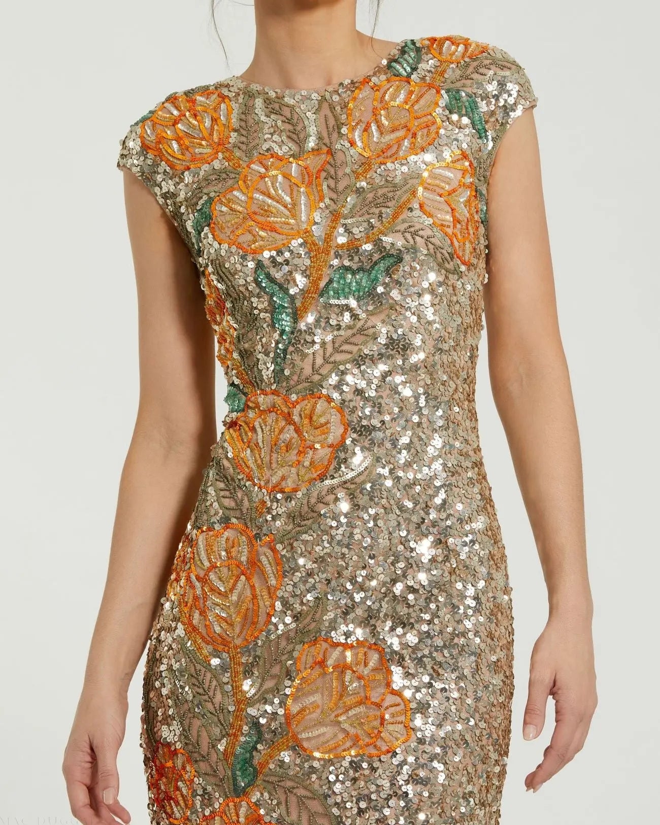 Gold Fitted Cap Sleeve Gown With Floral Beading - Image 2
