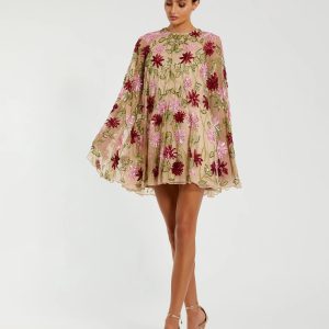 Beige Floral Embellished Shawl Mini Dress