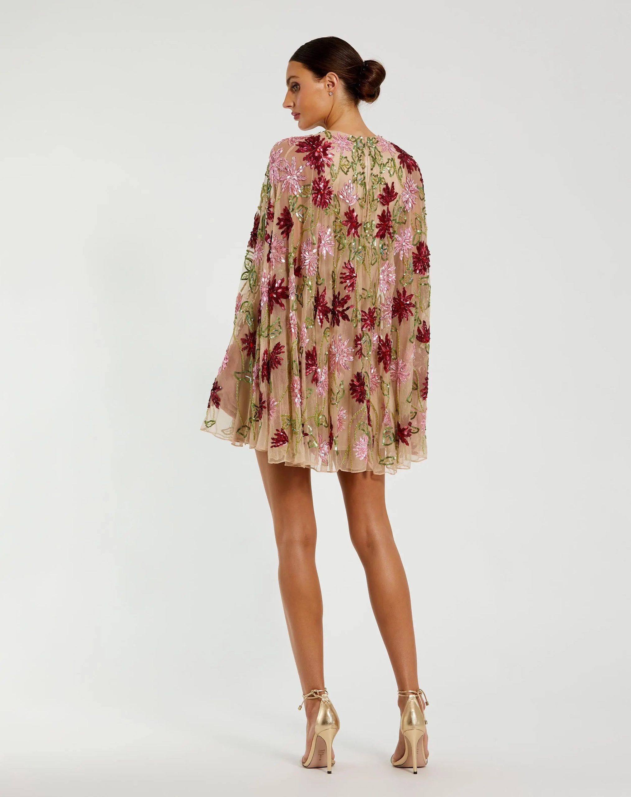 Beige Floral Embellished Shawl Mini Dress - Image 3