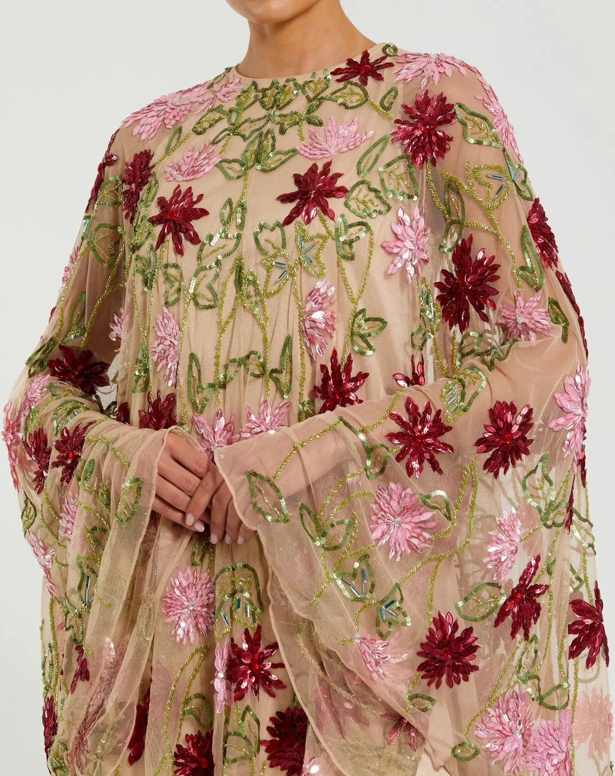 Beige Floral Embellished Shawl Mini Dress - Image 2
