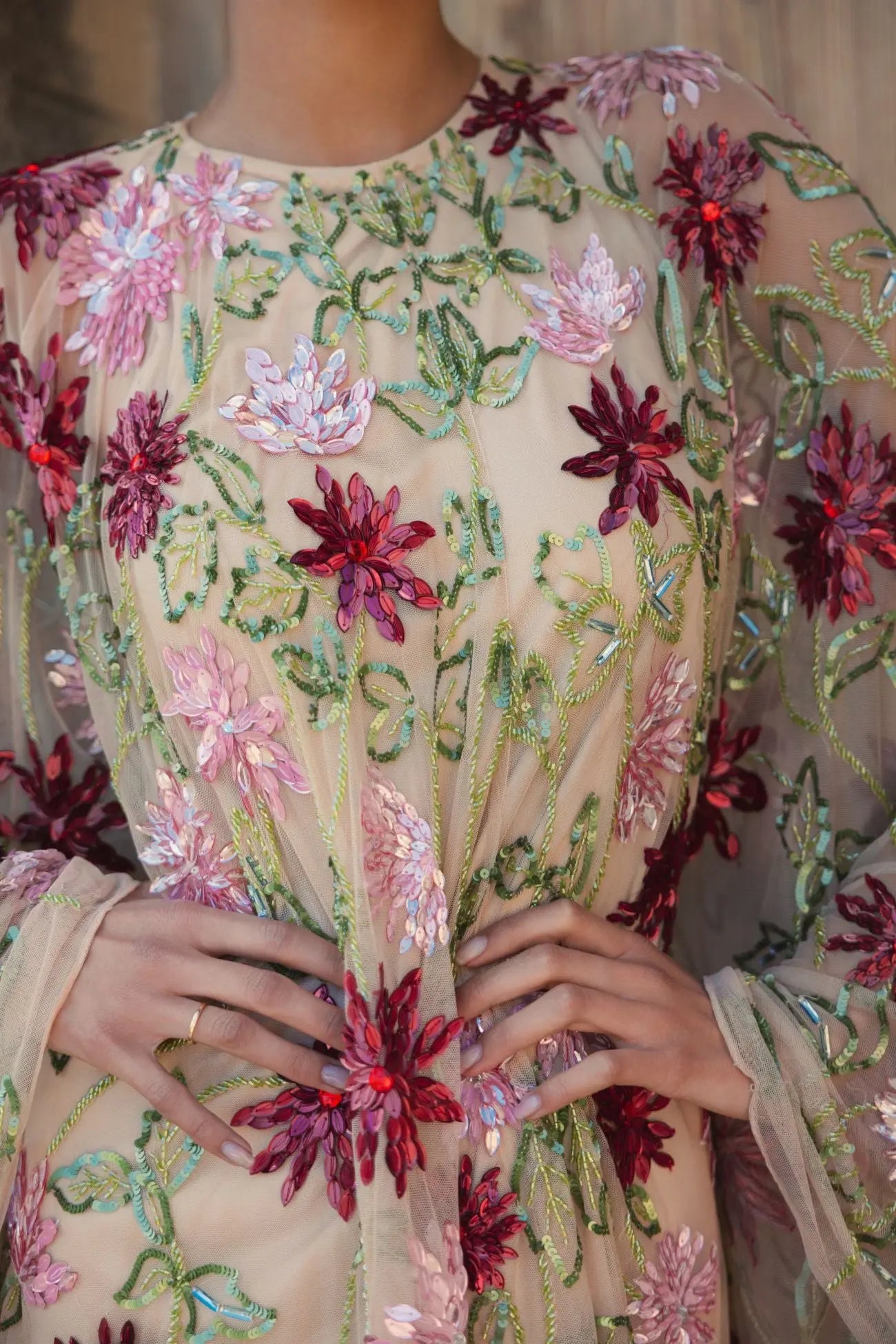 Beige Floral Embellished Shawl Mini Dress - Image 5