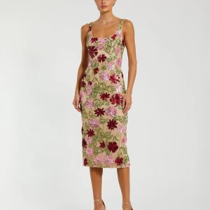 Beige Floral Beaded Scoop Neck Midi Dress