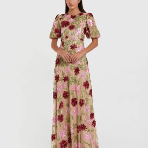 Beige Floral Beaded Mesh Puff Sleeve Gown
