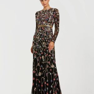 Black Embellished Mesh Long Sleeve Gown