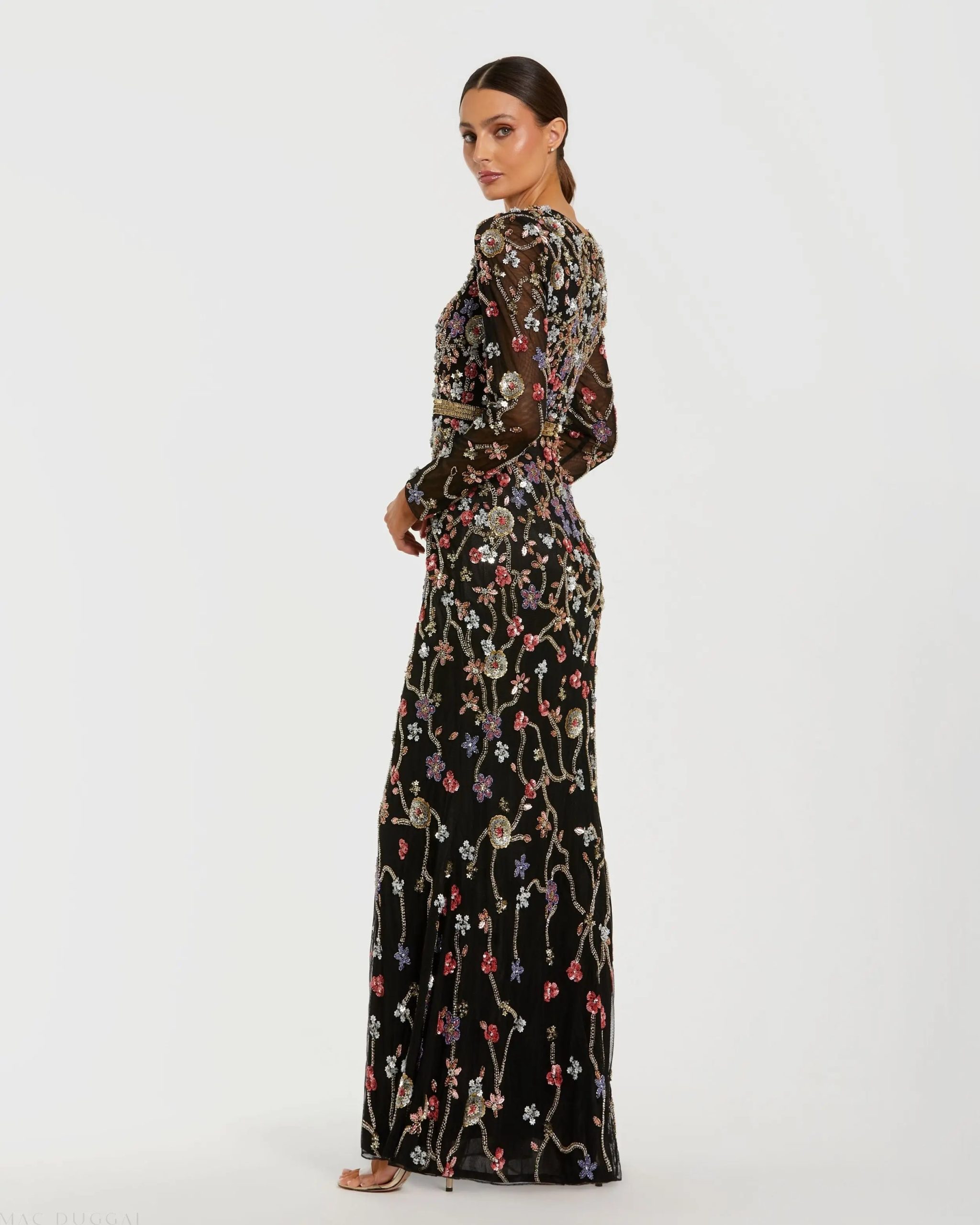 Black Embellished Mesh Long Sleeve Gown - Image 3