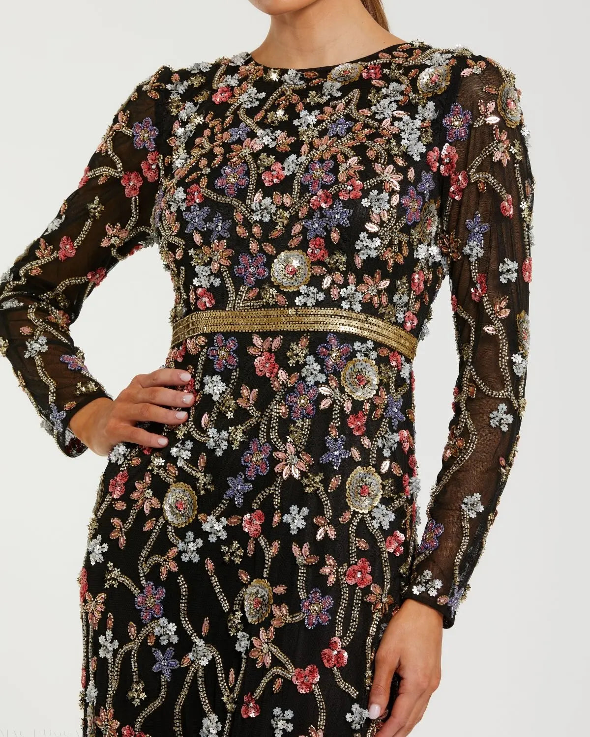 Black Embellished Mesh Long Sleeve Gown - Image 2