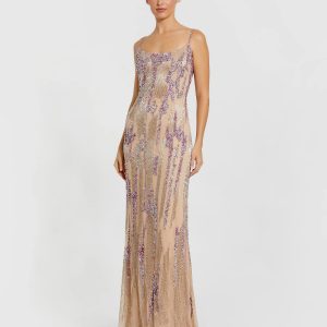 Beige Spaghetti Strap Beaded Column Gown