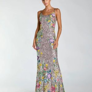 Silver Embellished Sleeveless Cowl Back Gown