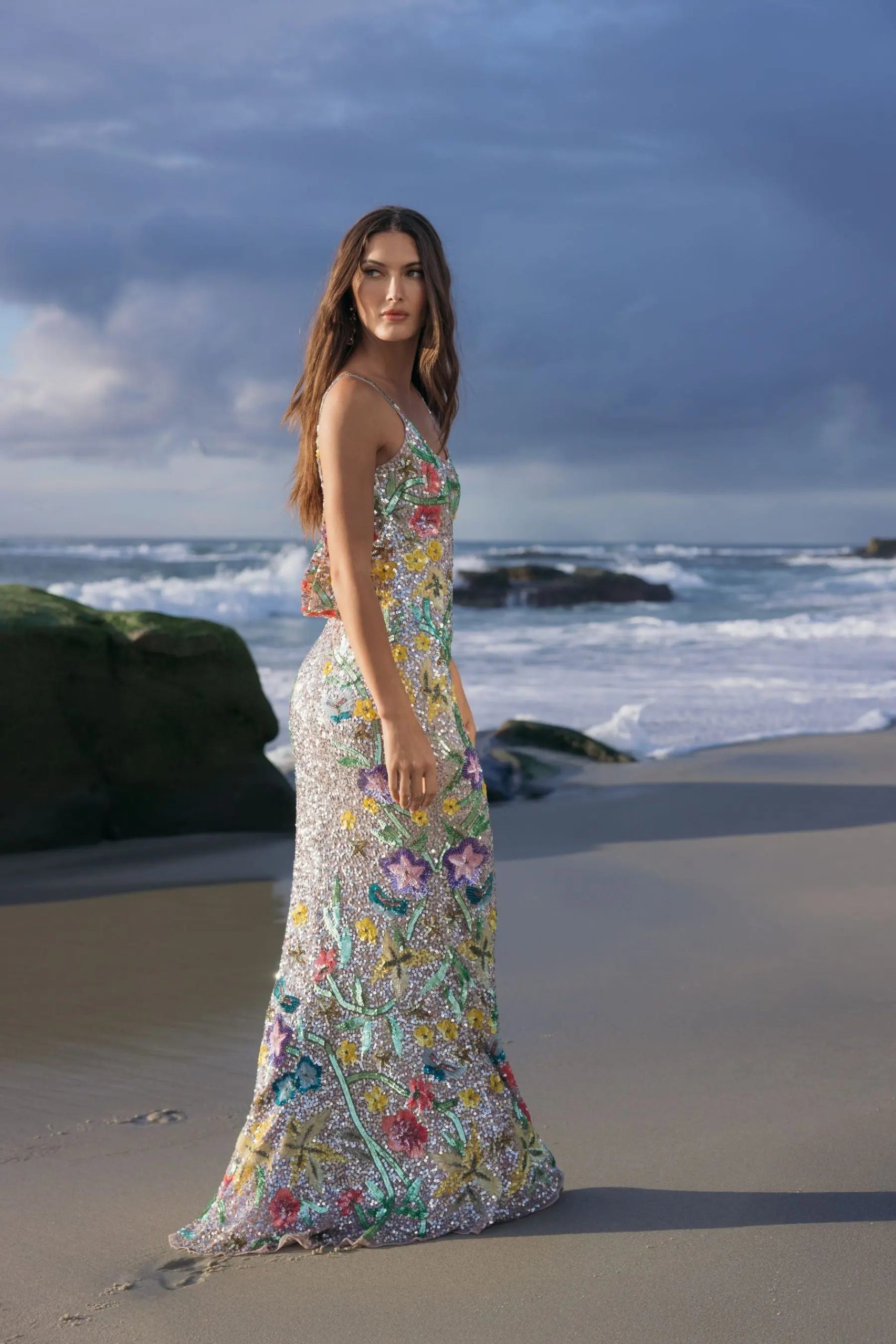 Silver Embellished Sleeveless Cowl Back Gown - Image 5