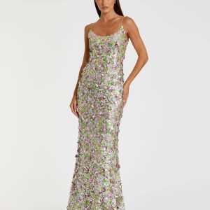 Multicolor Sleeveless Floral Paillette Embellished Mesh Gown