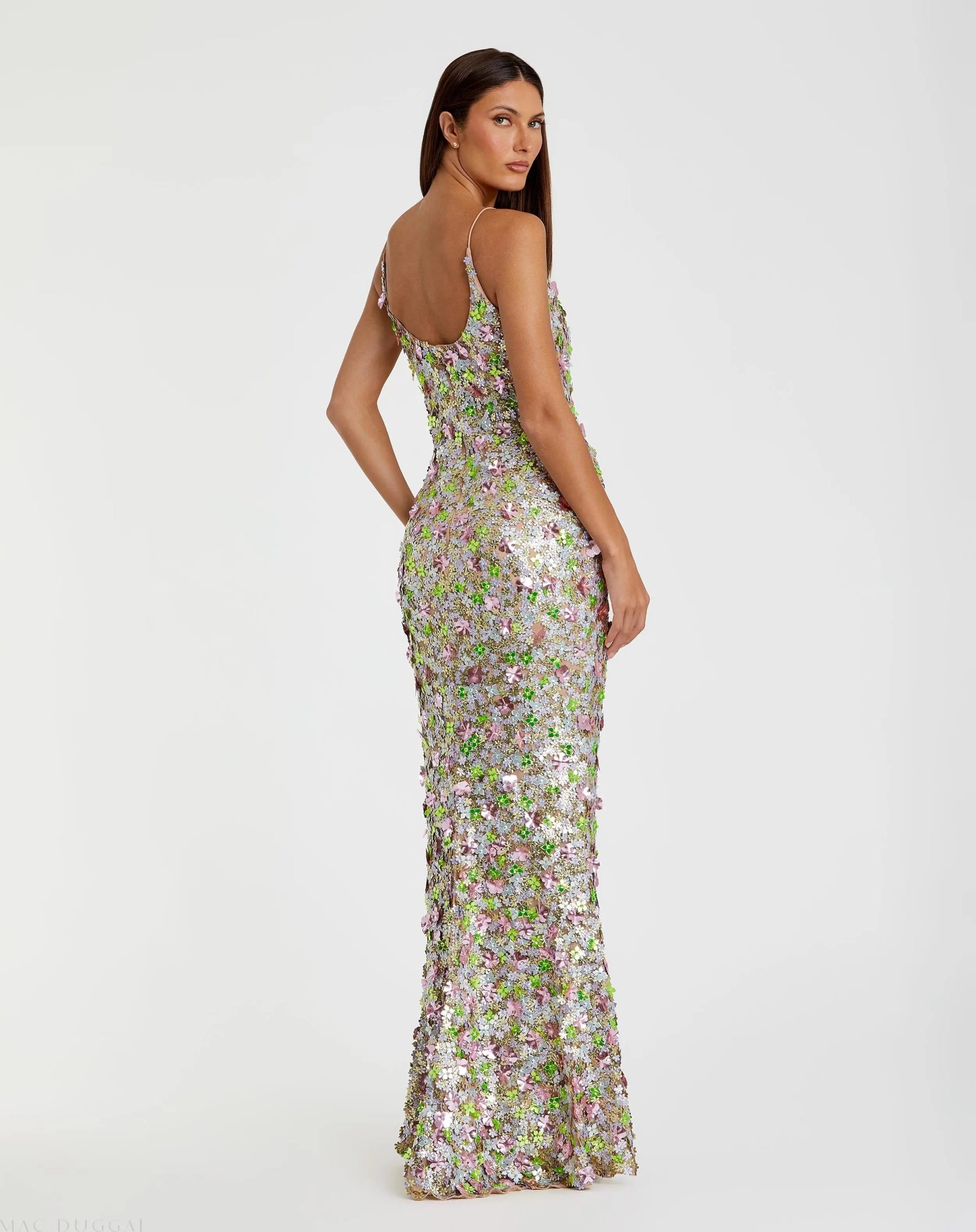 Multicolor Sleeveless Floral Paillette Embellished Mesh Gown - Image 3