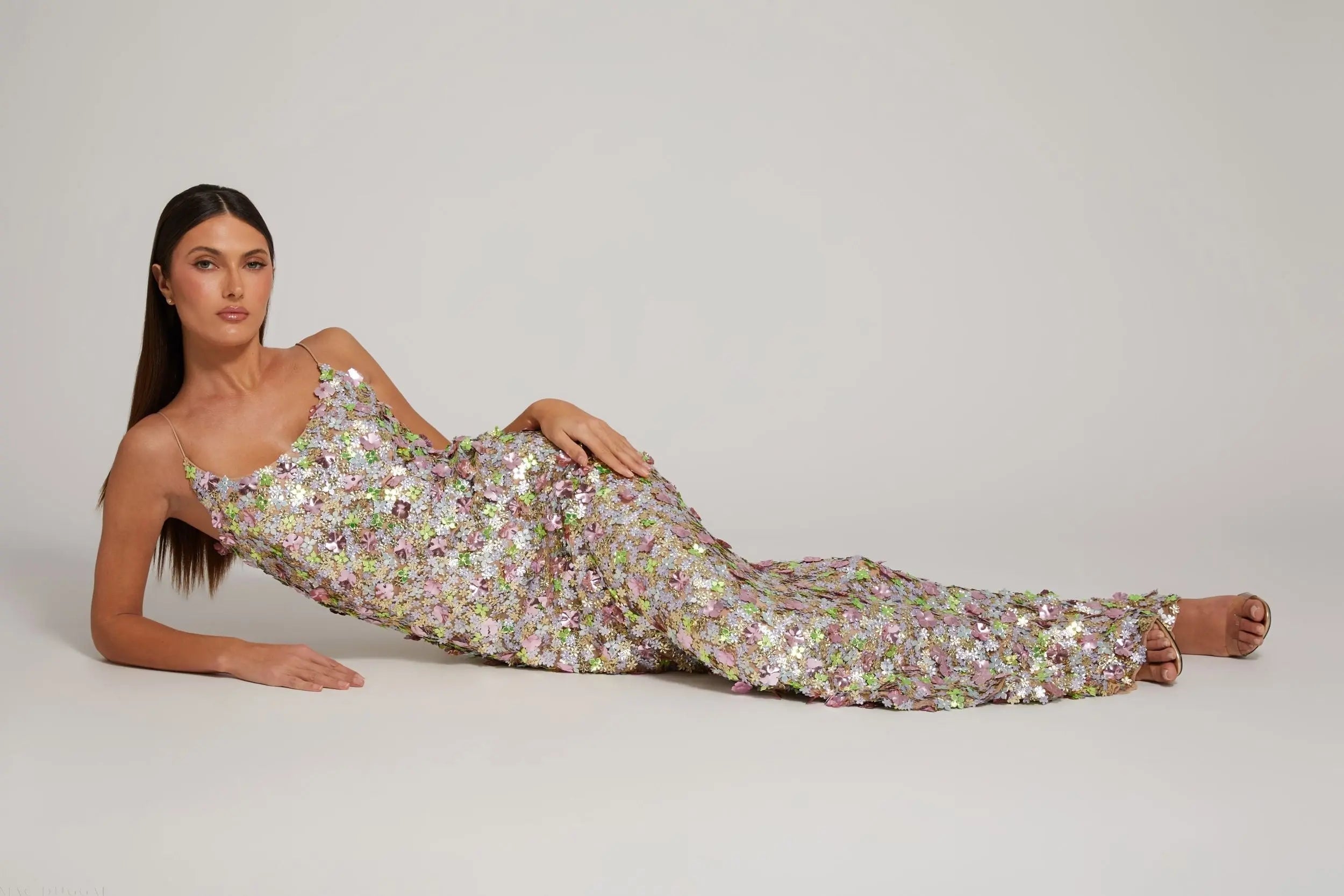 Multicolor Sleeveless Floral Paillette Embellished Mesh Gown - Image 4