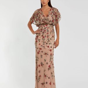 Beige Floral Embellished Short Sleeve Blouson Gown